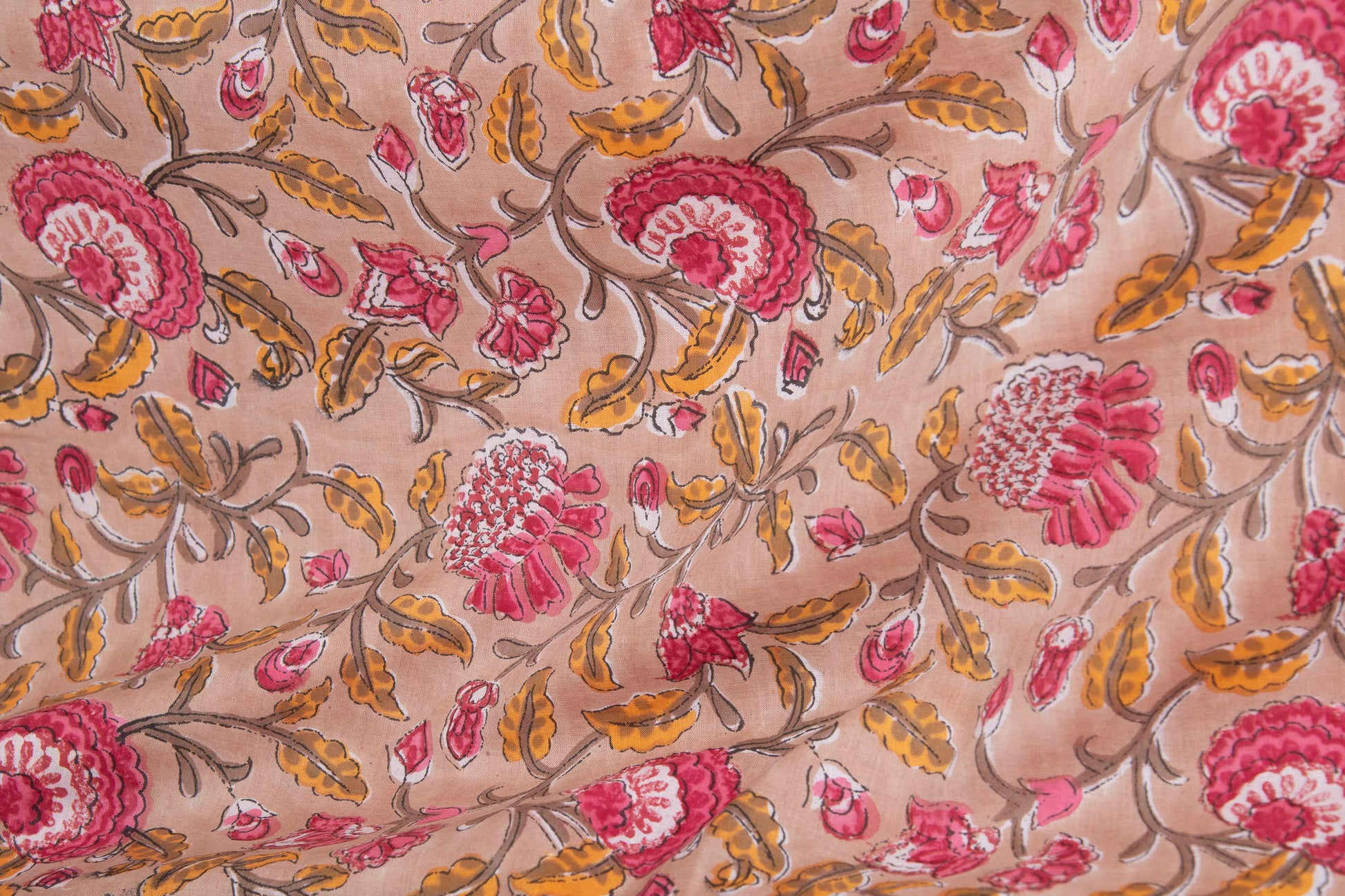 1 yard-Camel beige floral vine Red rose pink/ yellow leaves hand block printed cotton fabric-dress fabric/quilting/diy home decor