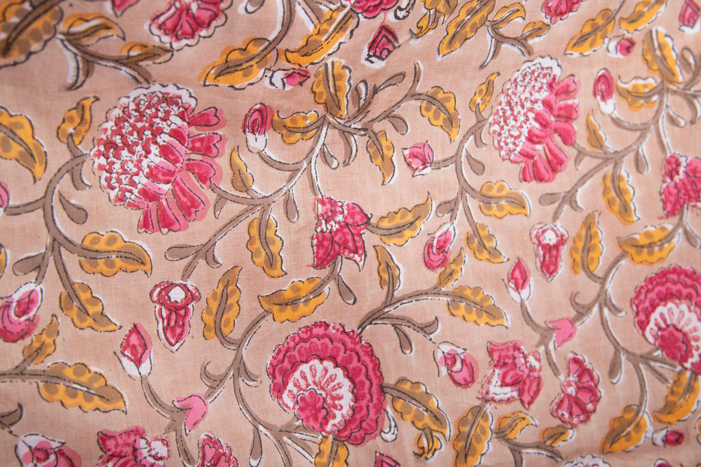 1 yard-Camel beige floral vine Red rose pink/ yellow leaves hand block printed cotton fabric-dress fabric/quilting/diy home decor