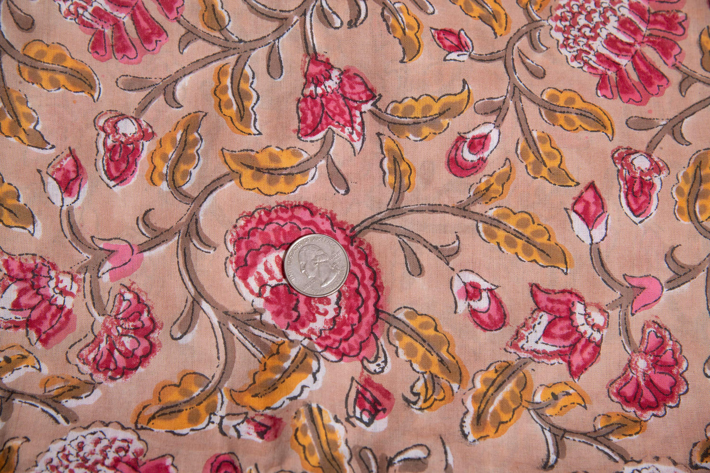 1 yard-Camel beige floral vine Red rose pink/ yellow leaves hand block printed cotton fabric-dress fabric/quilting/diy home decor