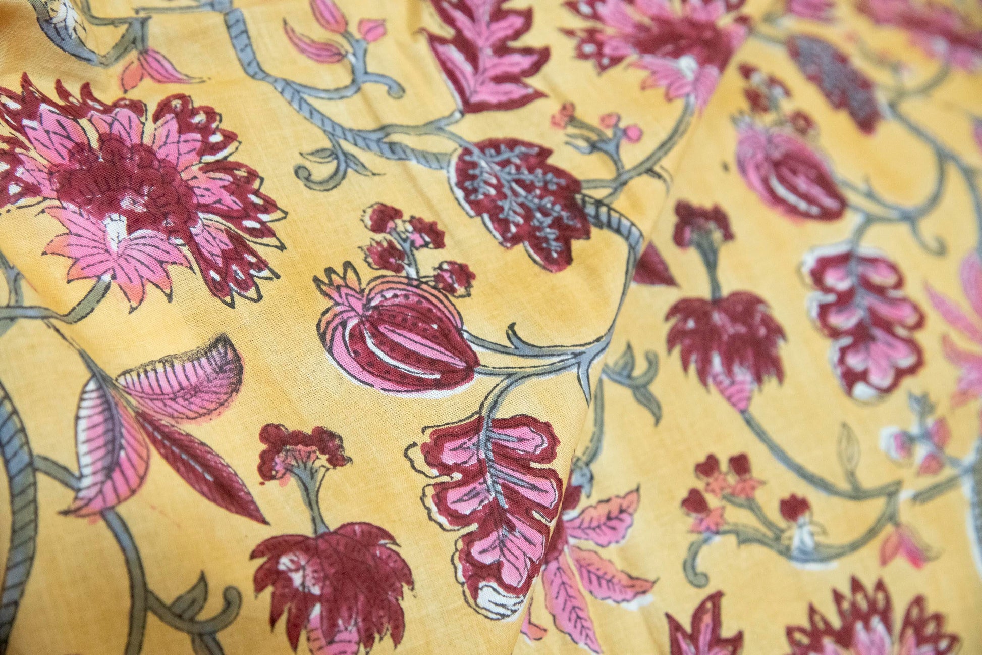 1 yard-Chrome yellow with dark red rose pink vines hand block printed cotton fabric-dress fabric/quilting/diy home decor