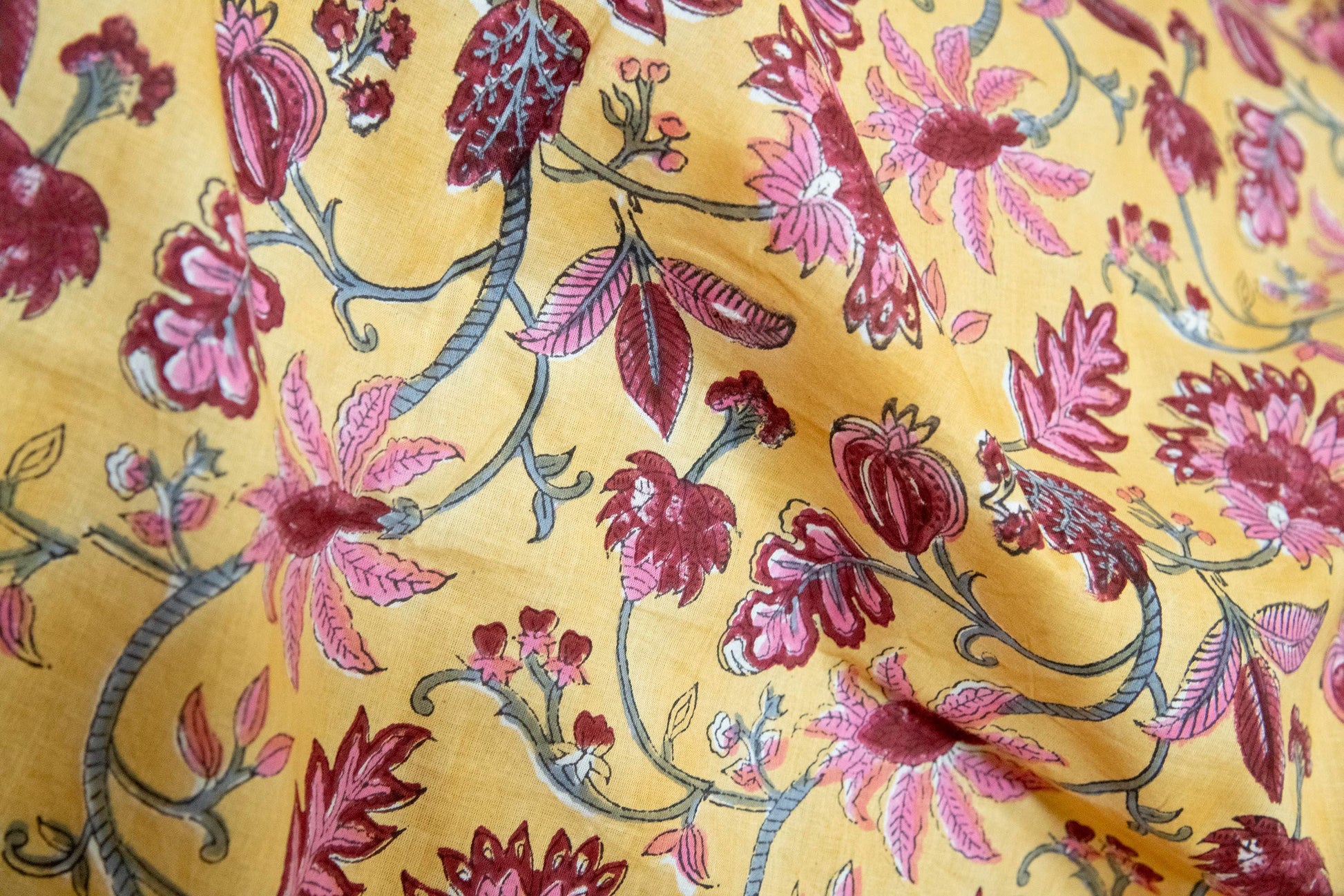 1 yard-Chrome yellow with dark red rose pink vines hand block printed cotton fabric-dress fabric/quilting/diy home decor