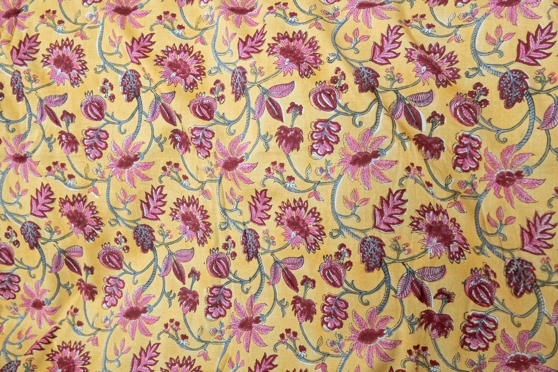 1 yard-Chrome yellow with dark red rose pink vines hand block printed cotton fabric-dress fabric/quilting/diy home decor