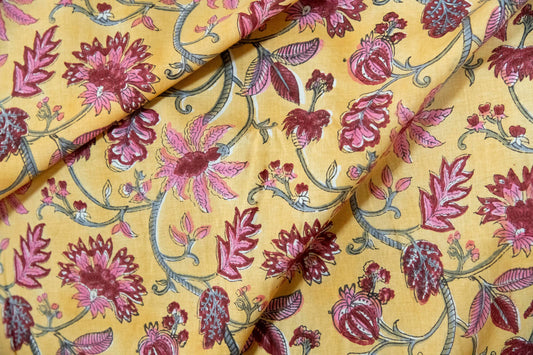 1 yard-Chrome yellow with dark red rose pink vines hand block printed cotton fabric-dress fabric/quilting/diy home decor