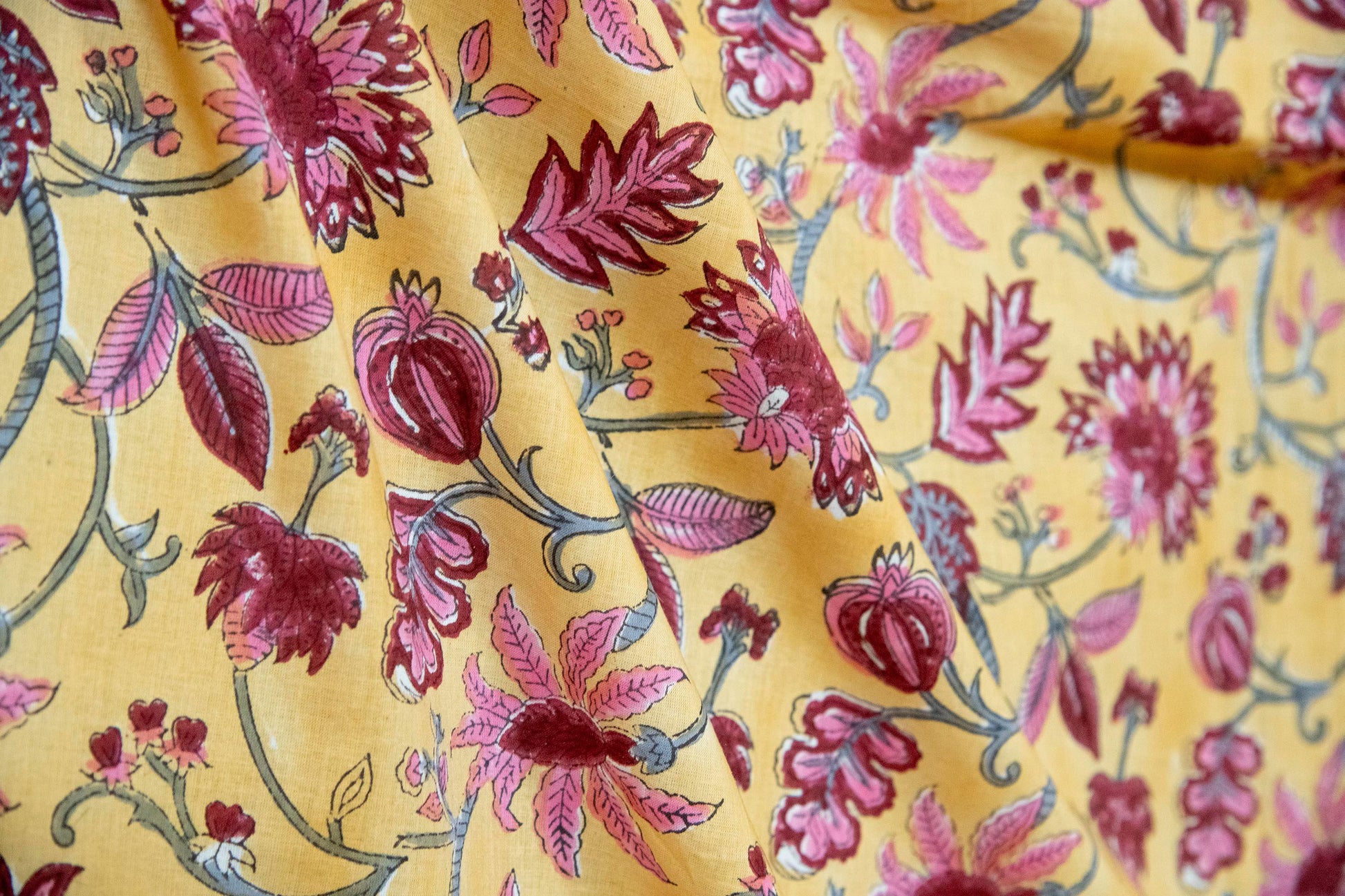 1 yard-Chrome yellow with dark red rose pink vines hand block printed cotton fabric-dress fabric/quilting/diy home decor