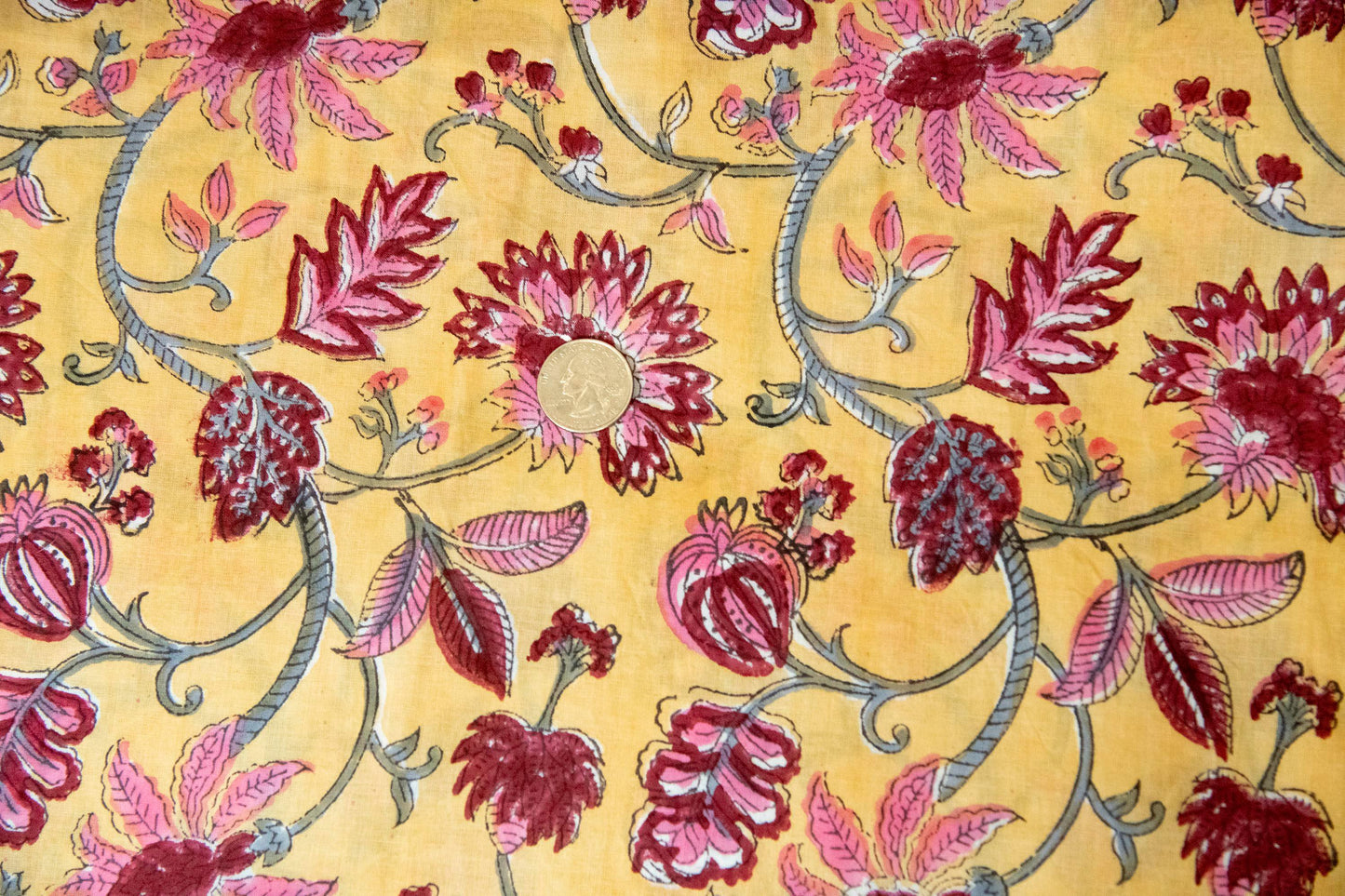 1 yard-Chrome yellow with dark red rose pink vines hand block printed cotton fabric-dress fabric/quilting/diy home decor