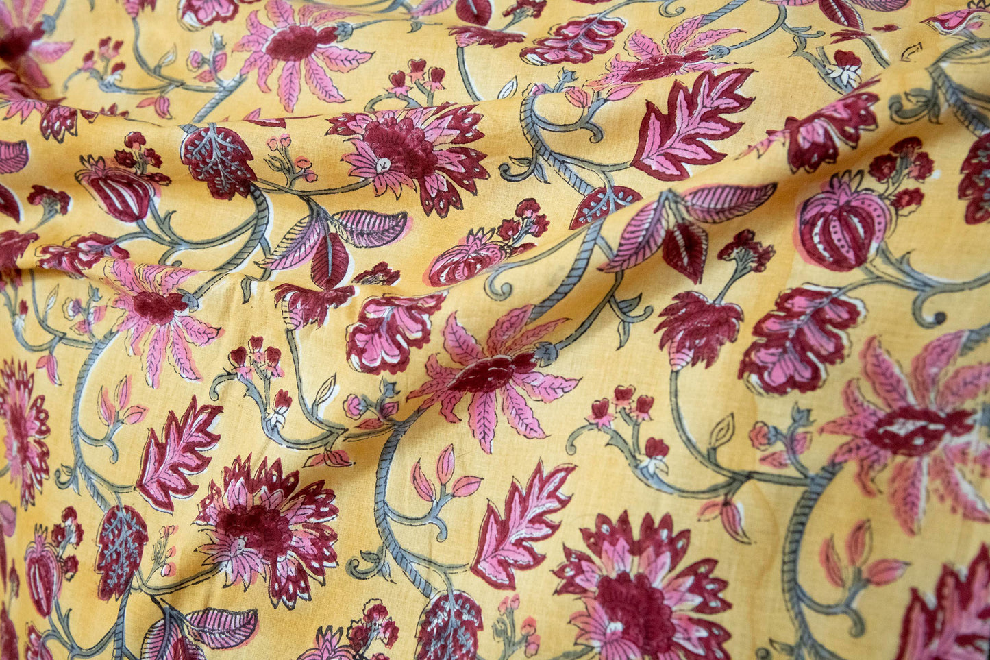 1 yard-Chrome yellow with dark red rose pink vines hand block printed cotton fabric-dress fabric/quilting/diy home decor