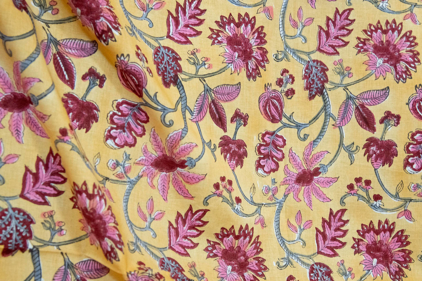 1 yard-Chrome yellow with dark red rose pink vines hand block printed cotton fabric-dress fabric/quilting/diy home decor