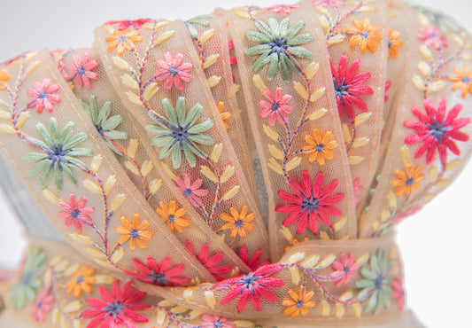 1 yard-Red and blue delicate floral thread embroidery ribbon on mesh fabric-Rose pink, yellow, orange and navy-trim for bow making