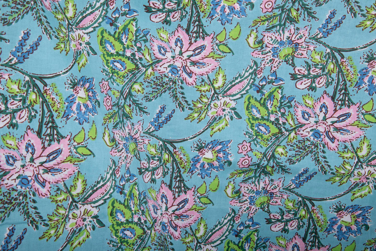 1 yard-Blue with pink pastel flower motifs green foliage printed cotton fabric by the yard--light blue base floral fabric-decor cotton