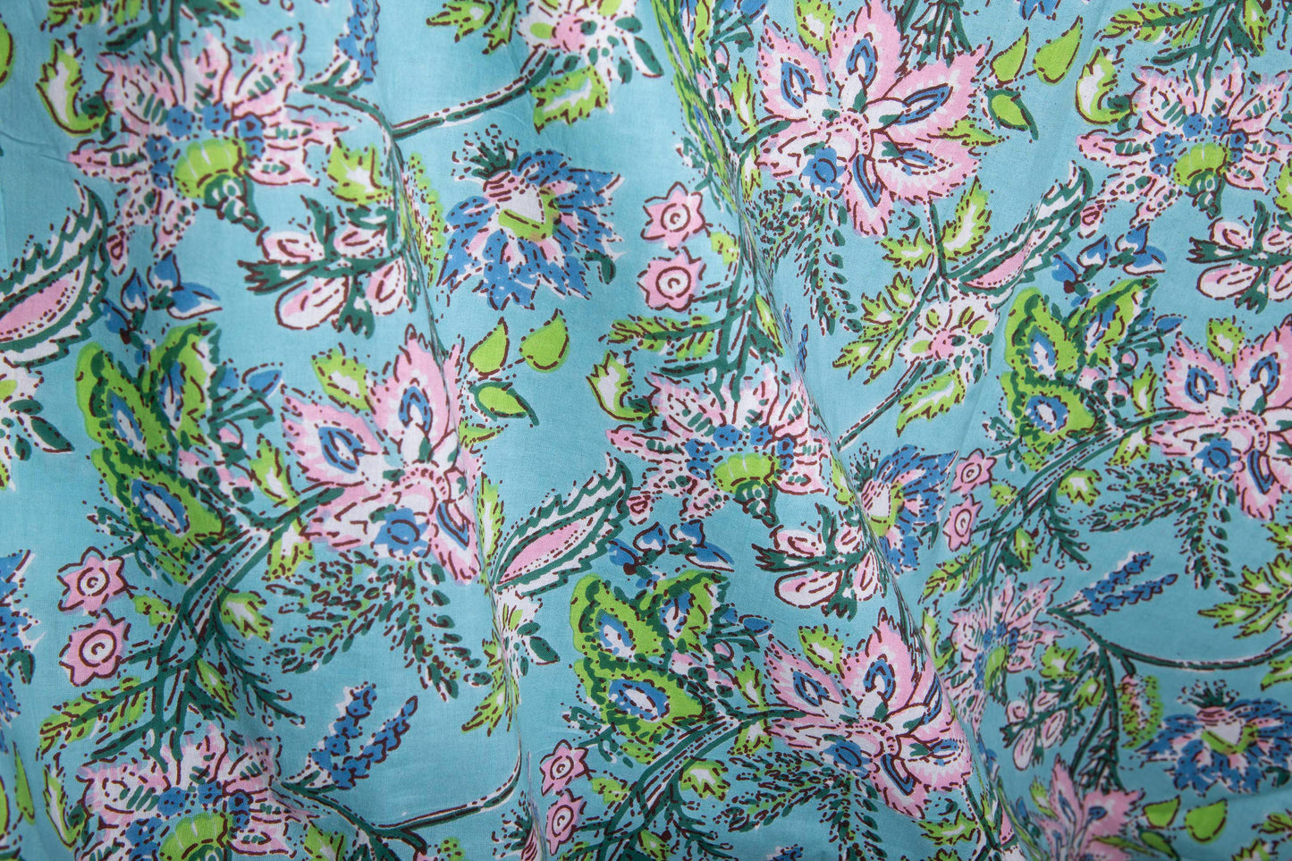 1 yard-Blue with pink pastel flower motifs green foliage printed cotton fabric by the yard--light blue base floral fabric-decor cotton