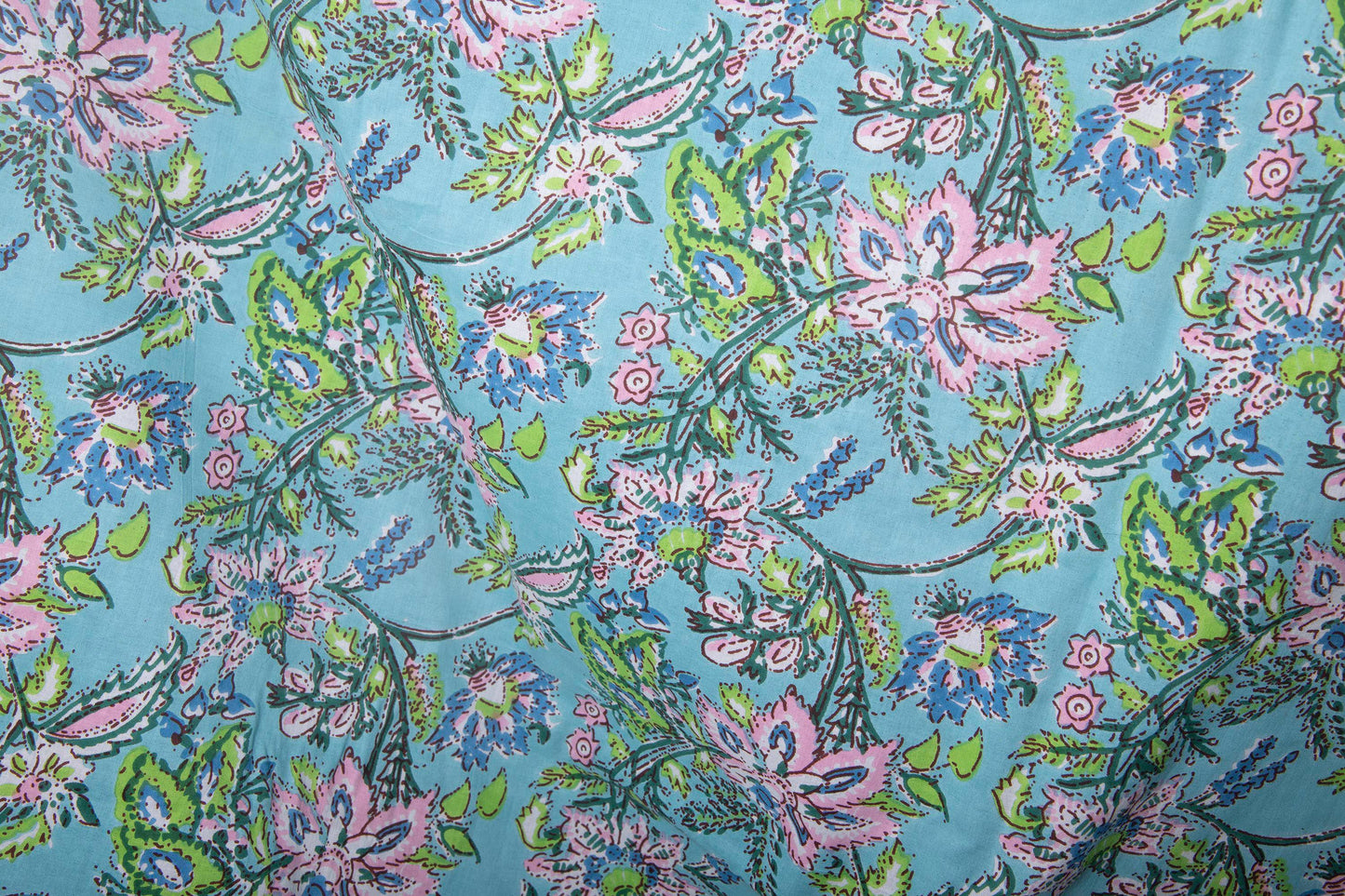 1 yard-Blue with pink pastel flower motifs green foliage printed cotton fabric by the yard--light blue base floral fabric-decor cotton