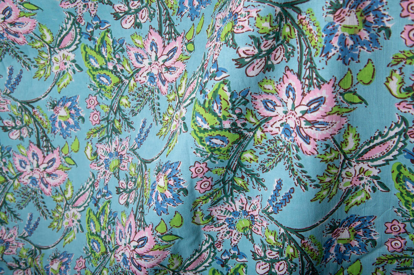 1 yard-Blue with pink pastel flower motifs green foliage printed cotton fabric by the yard--light blue base floral fabric-decor cotton