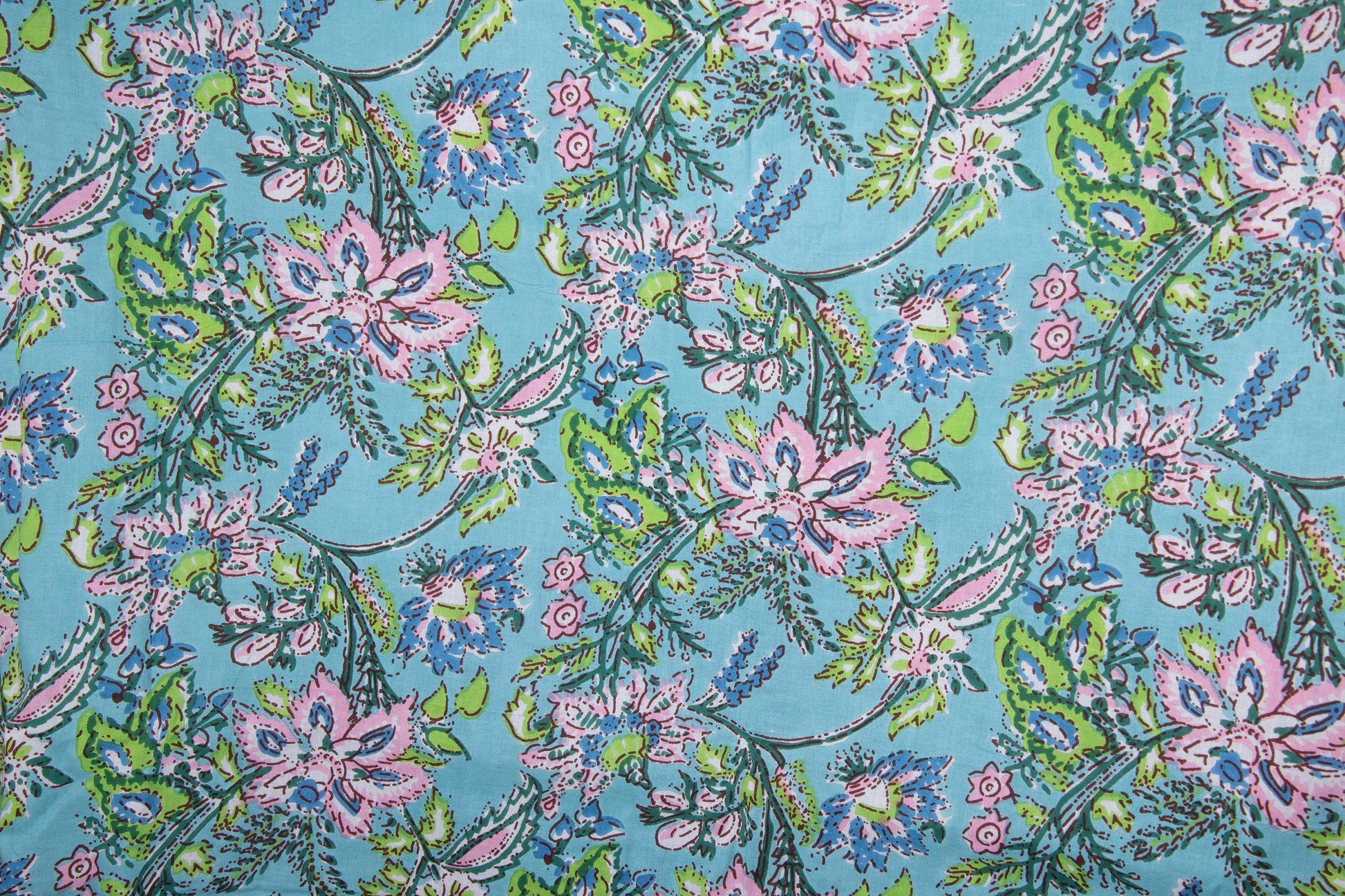 1 yard-Blue with pink pastel flower motifs green foliage printed cotton fabric by the yard--light blue base floral fabric-decor cotton