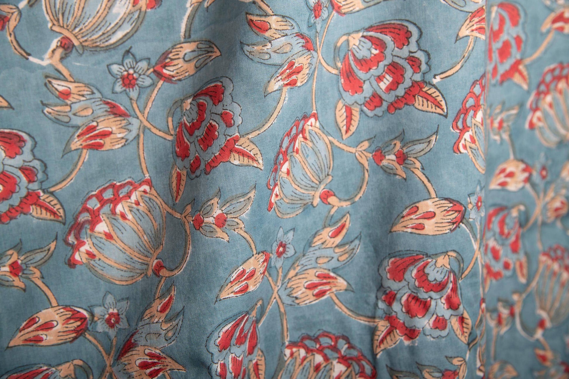 1 yard-Teal blue with red and beige floral hand block printed cotton fabric-dress fabric/quilting/diy home decor/hair accessories fabric