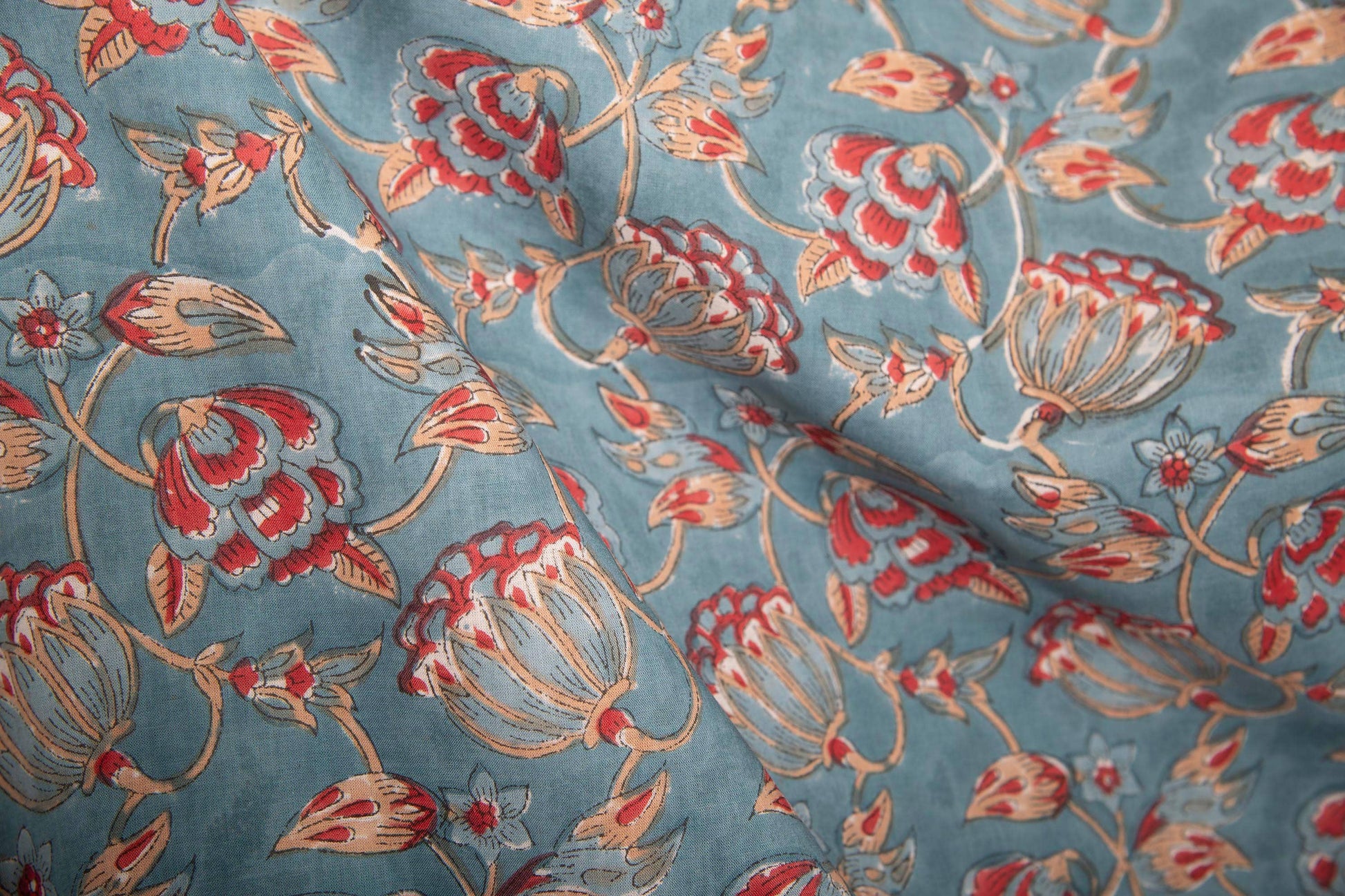 1 yard-Teal blue with red and beige floral hand block printed cotton fabric-dress fabric/quilting/diy home decor/hair accessories fabric