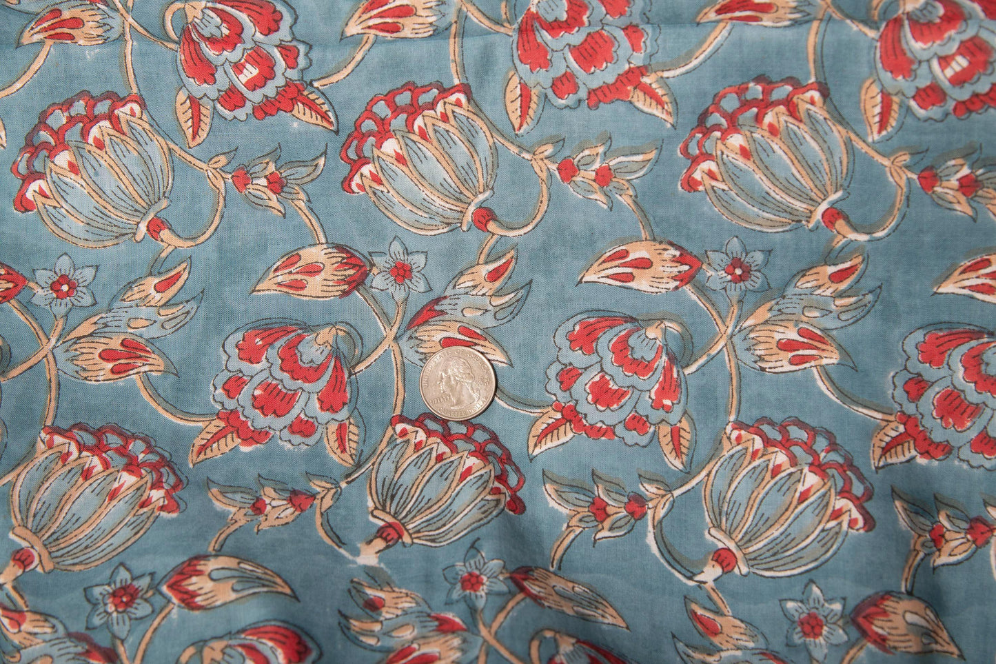 1 yard-Teal blue with red and beige floral hand block printed cotton fabric-dress fabric/quilting/diy home decor/hair accessories fabric