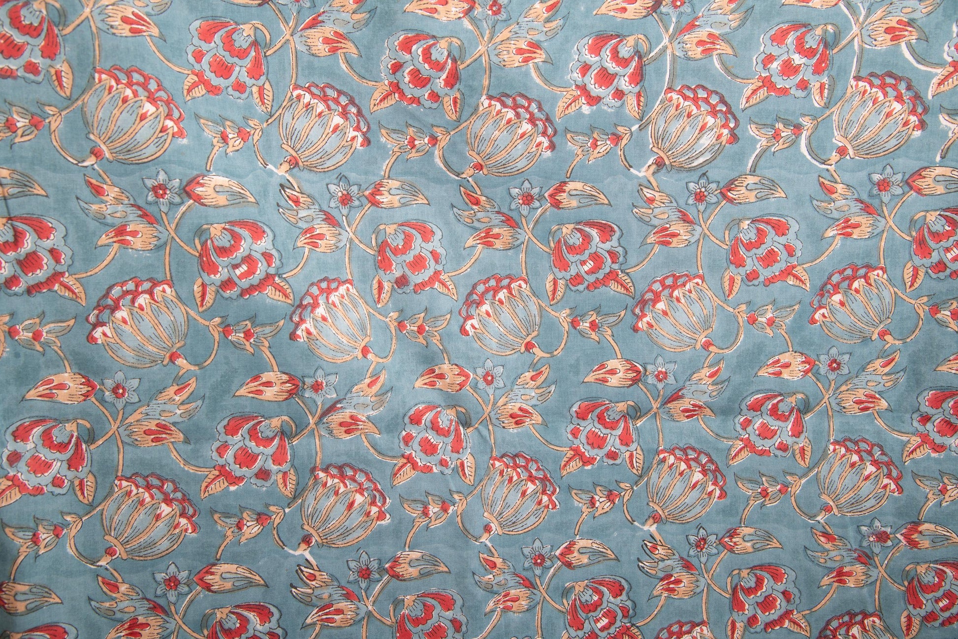 1 yard-Teal blue with red and beige floral hand block printed cotton fabric-dress fabric/quilting/diy home decor/hair accessories fabric