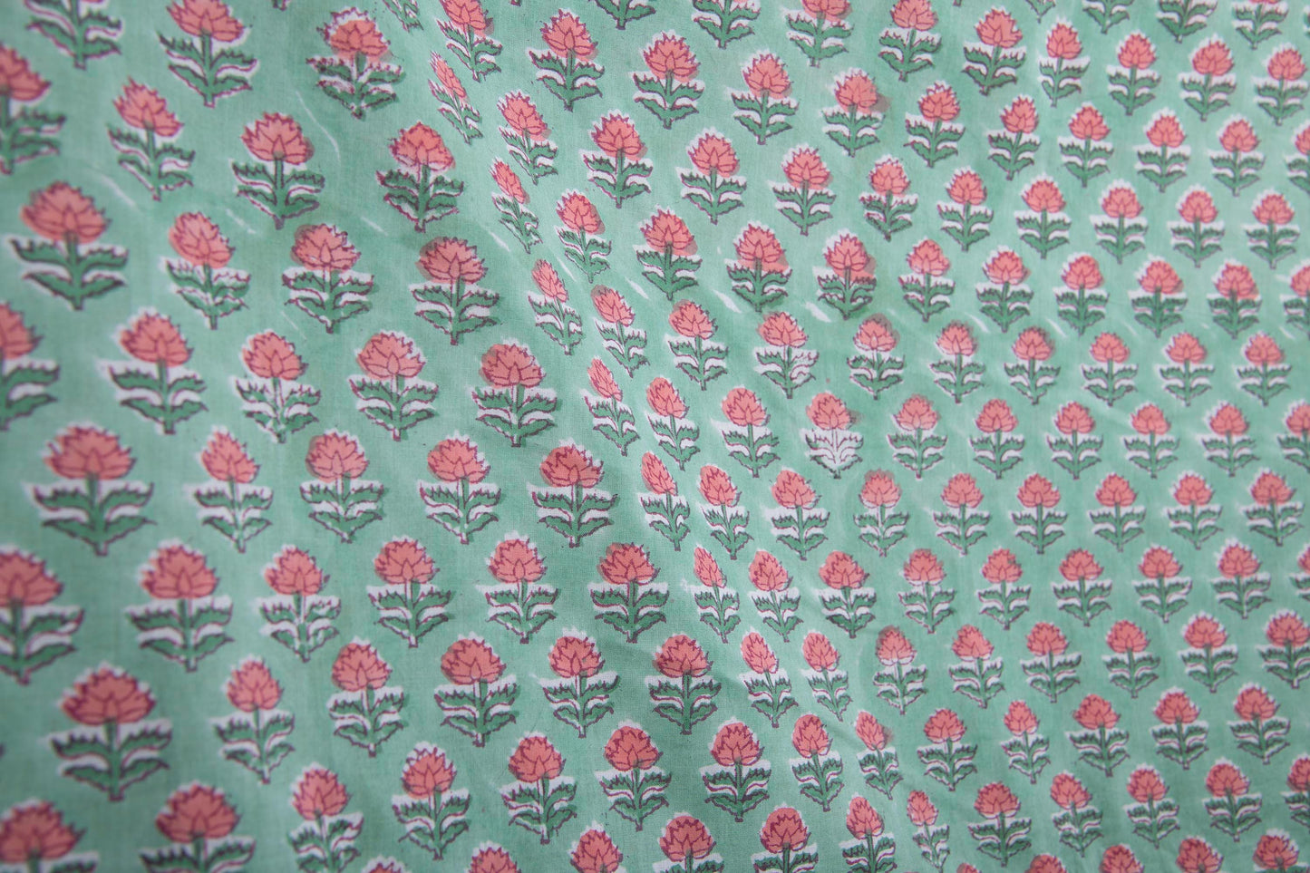 1 yard-Mint green with pink ditsy floral hand block printed cotton fabric-dress fabric/quilting/diy home decor/hair accessories fabric