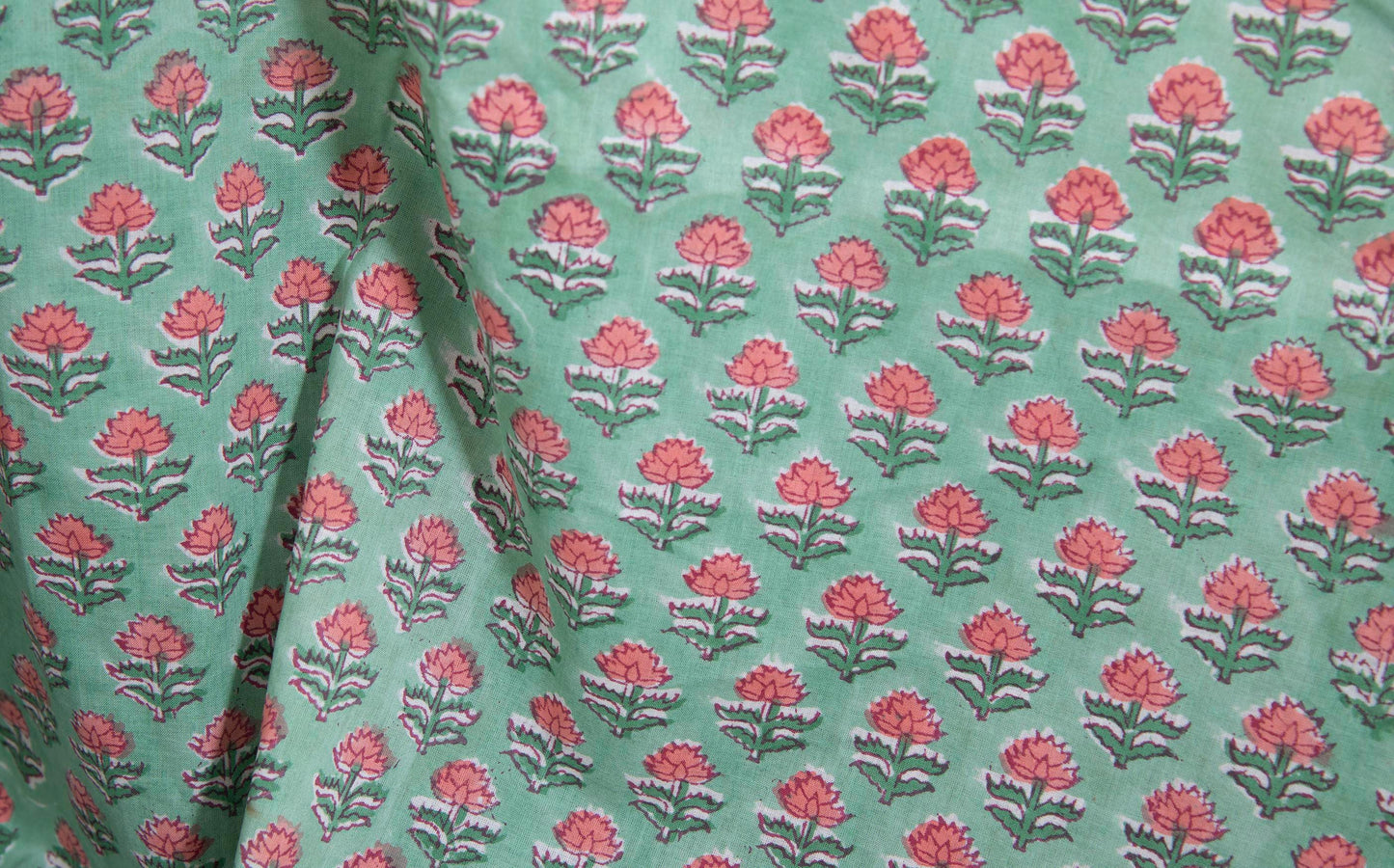 1 yard-Mint green with pink ditsy floral hand block printed cotton fabric-dress fabric/quilting/diy home decor/hair accessories fabric