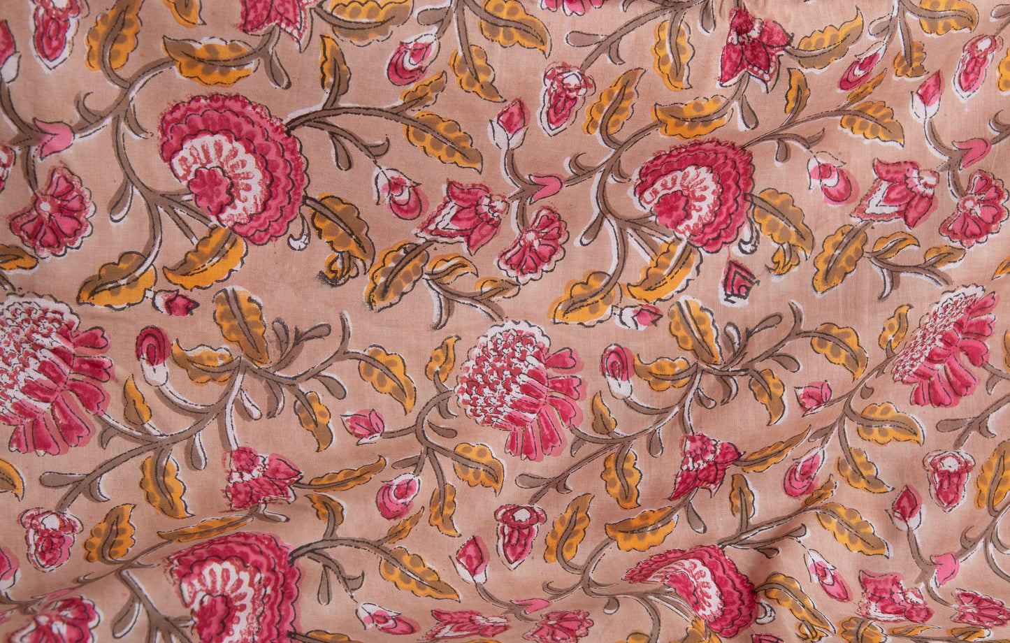 1 yard-Camel beige floral vine Red rose pink/ yellow leaves hand block printed cotton fabric-dress fabric/quilting/diy home decor