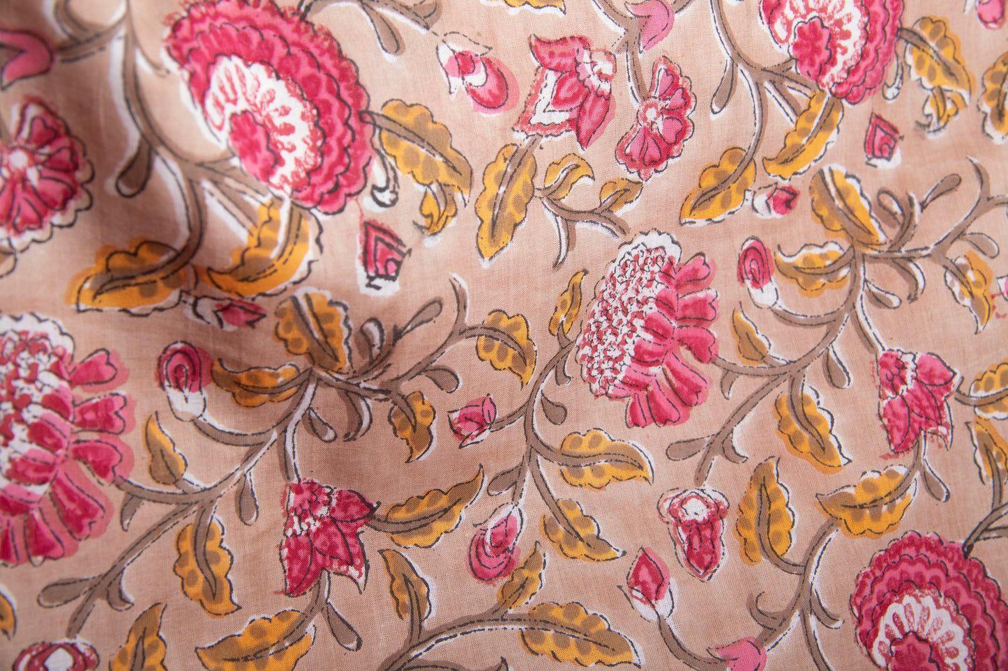 1 yard-Camel beige floral vine Red rose pink/ yellow leaves hand block printed cotton fabric-dress fabric/quilting/diy home decor