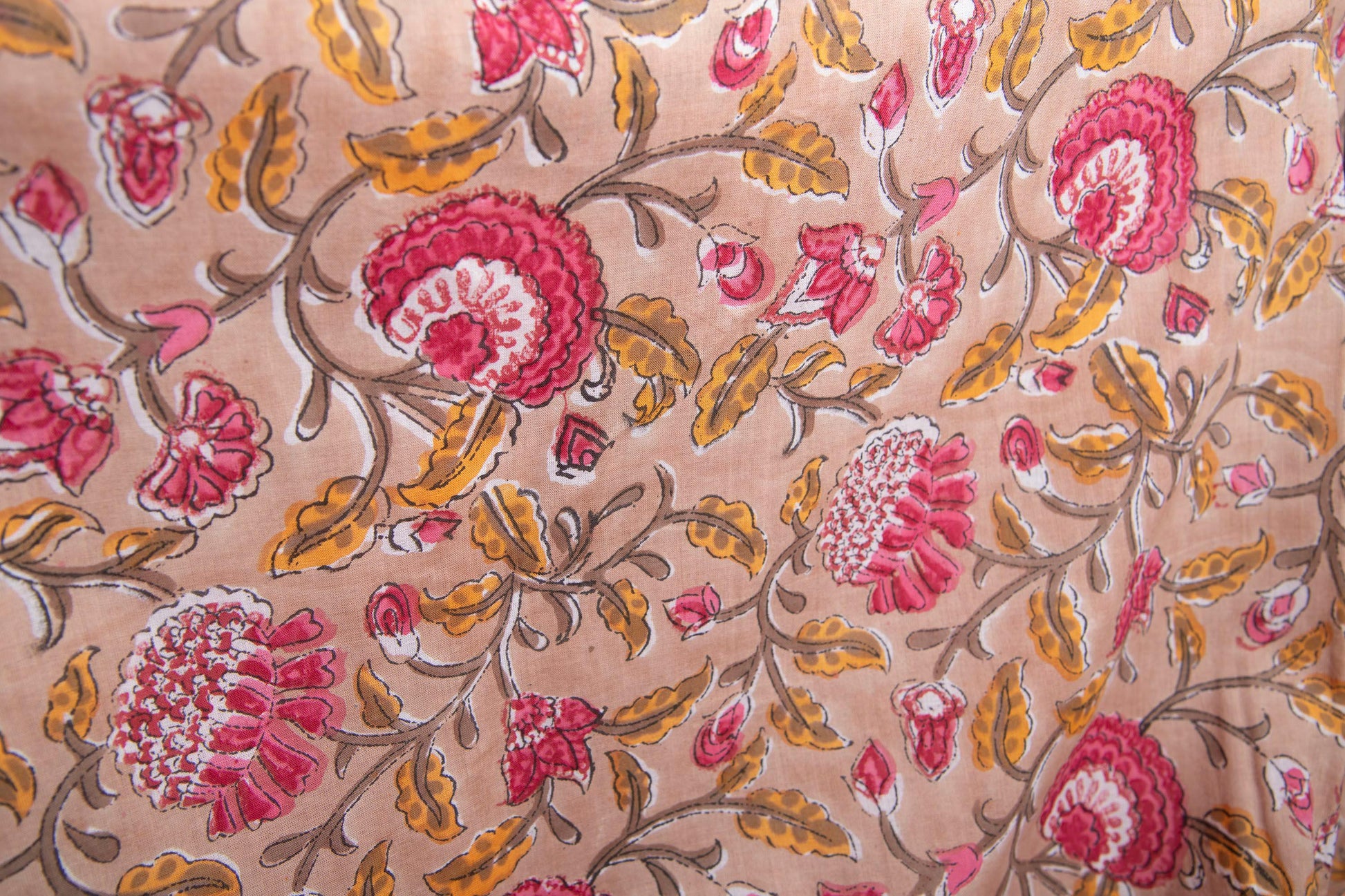 1 yard-Camel beige floral vine Red rose pink/ yellow leaves hand block printed cotton fabric-dress fabric/quilting/diy home decor