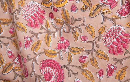 1 yard-Camel beige floral vine Red rose pink/ yellow leaves hand block printed cotton fabric-dress fabric/quilting/diy home decor