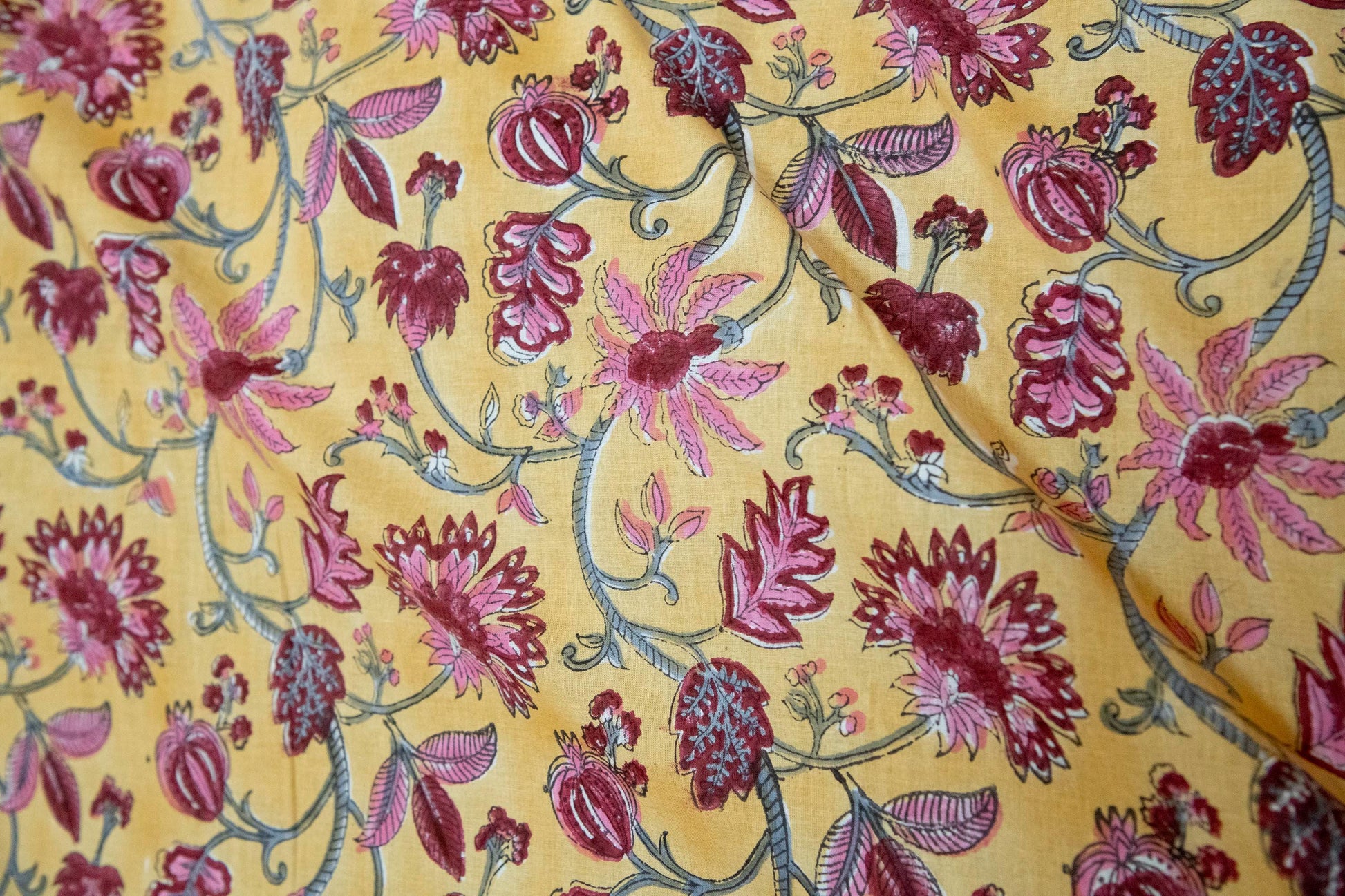 1 yard-Chrome yellow with dark red rose pink vines hand block printed cotton fabric-dress fabric/quilting/diy home decor