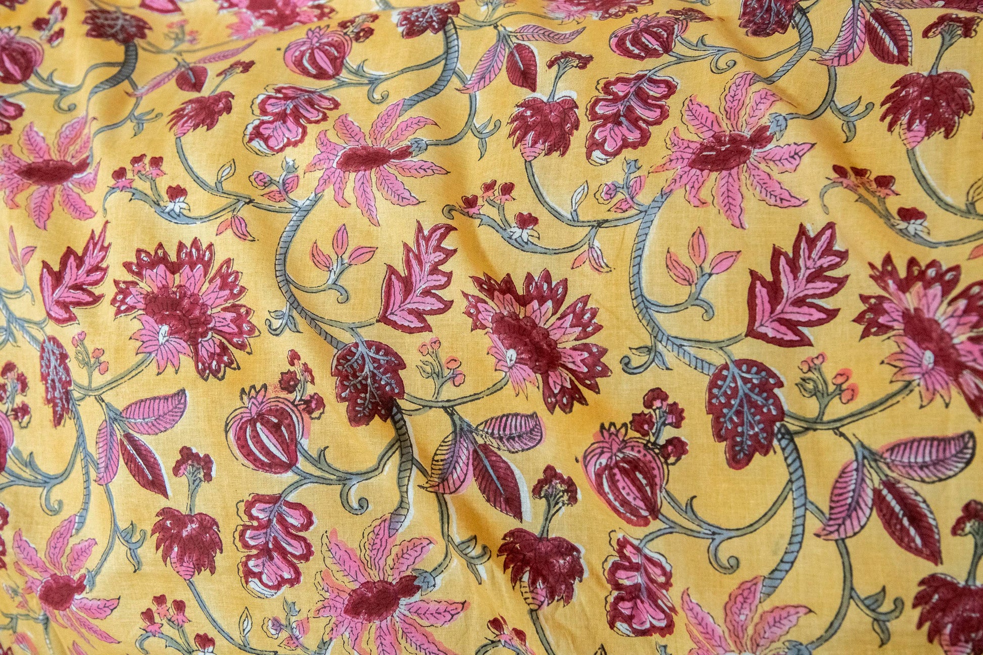 1 yard-Chrome yellow with dark red rose pink vines hand block printed cotton fabric-dress fabric/quilting/diy home decor