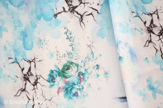 White and ice aqua blue green satin charmeuse- aqua blue and green stunning rose abstract print satin fabric