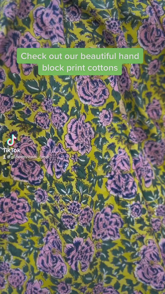 1 yard-green and pink floral hand printed cotton fabric-pink purple floral motifs-cotton floral print -girls dress fabric/quilting/decor