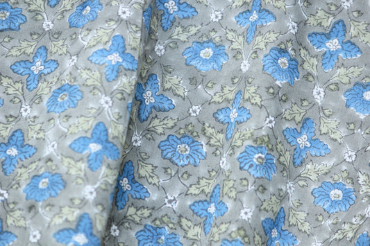 Grey with blue floral motif hand printed cotton fabric-slate grey floral print