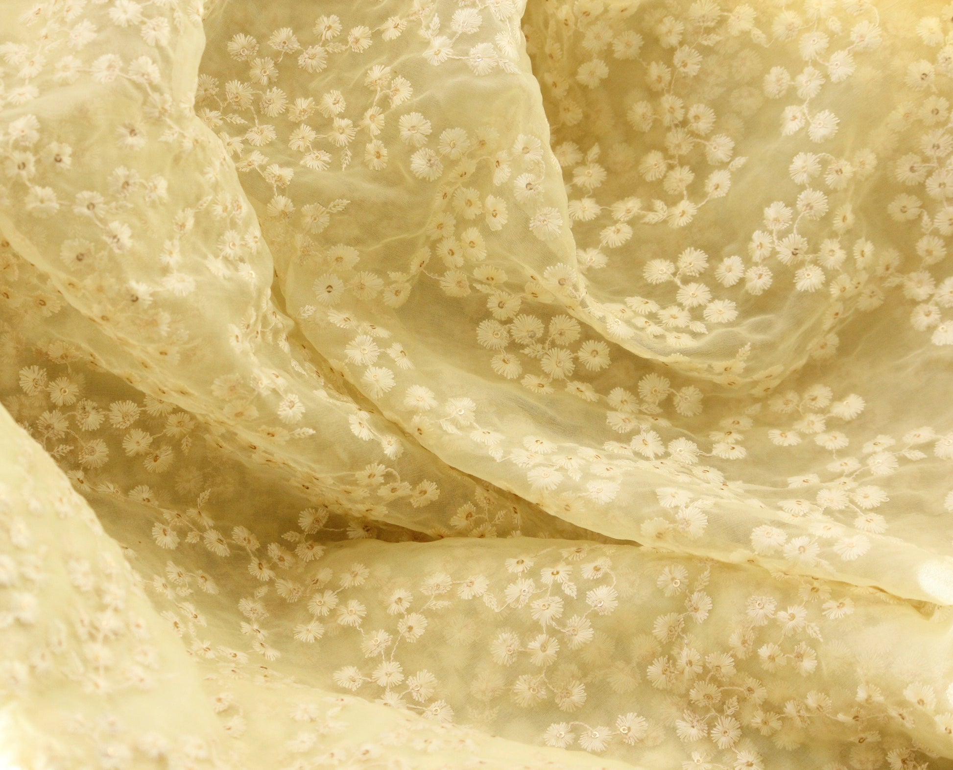 Half yard- Ivory organza embroidery fabric-Indian embellished fabric- bridal fabric-cream and sequin tiny floral embroidery fabric