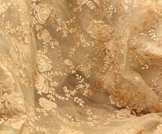 Organza fabric by the yard-beige organza embroidery -Indian embellished fabric- floral embroidery-brown embroidery flower