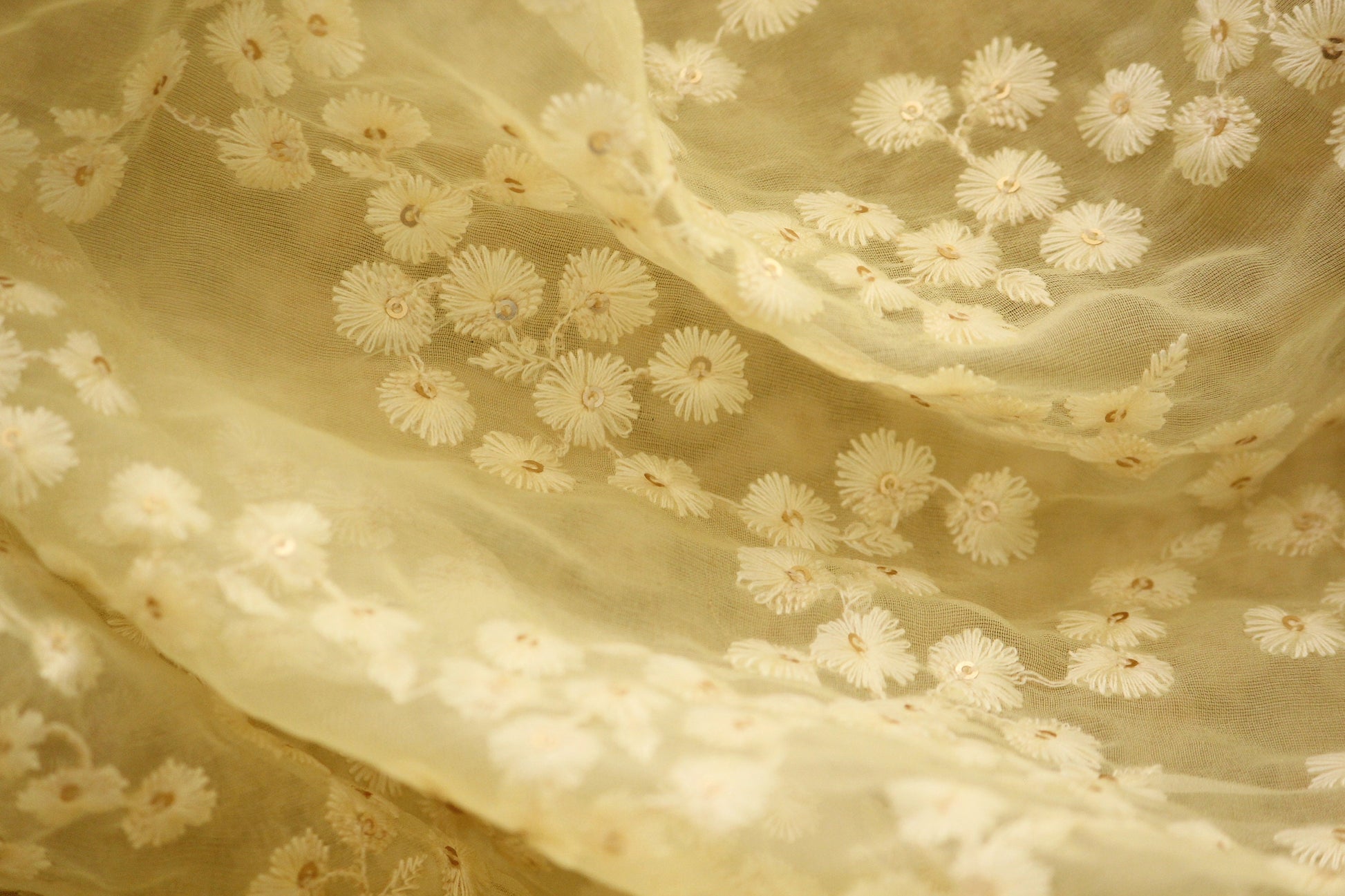 Half yard- Ivory organza embroidery fabric-Indian embellished fabric- bridal fabric-cream and sequin tiny floral embroidery fabric