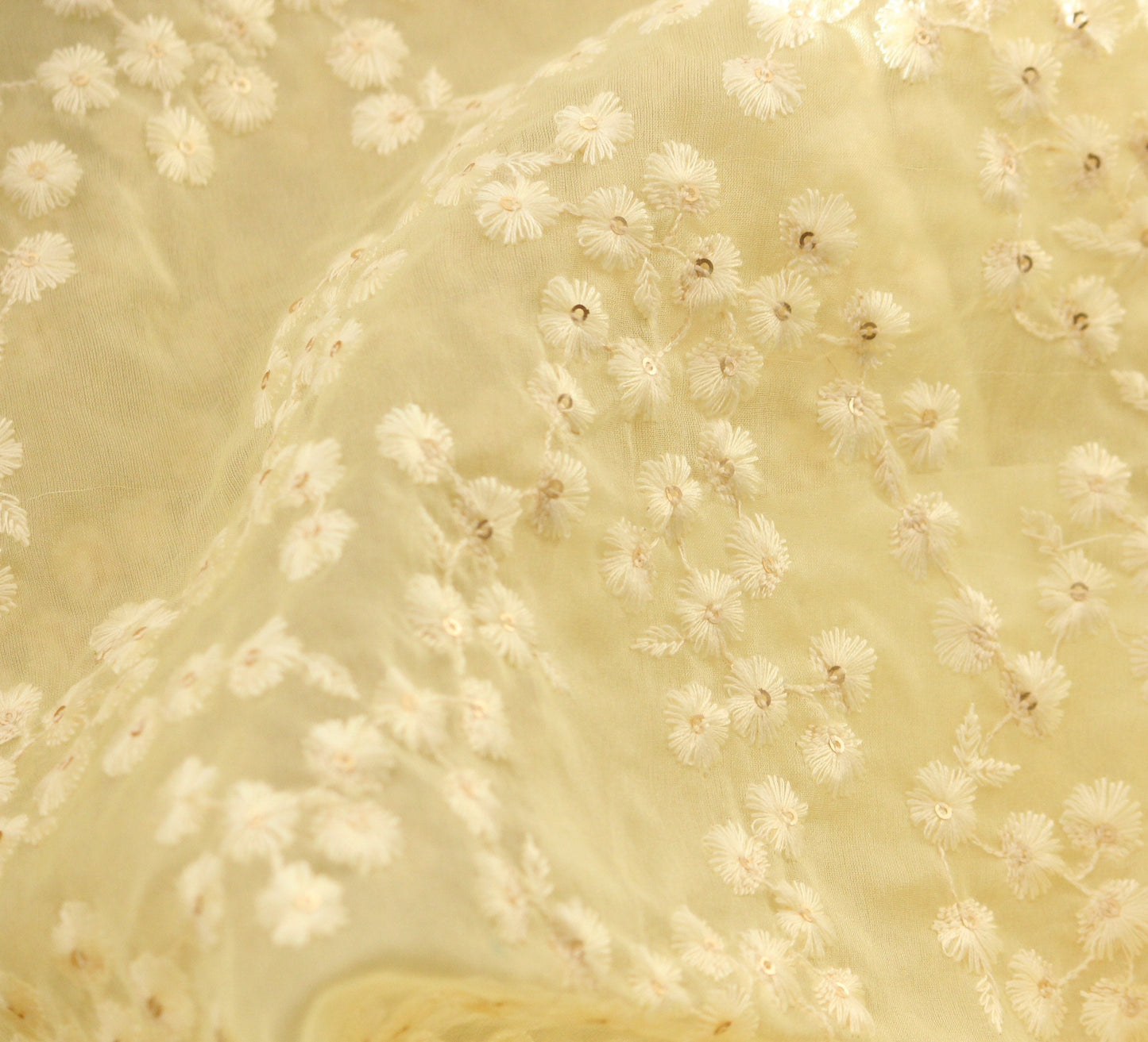 Half yard- Ivory organza embroidery fabric-Indian embellished fabric- bridal fabric-cream and sequin tiny floral embroidery fabric