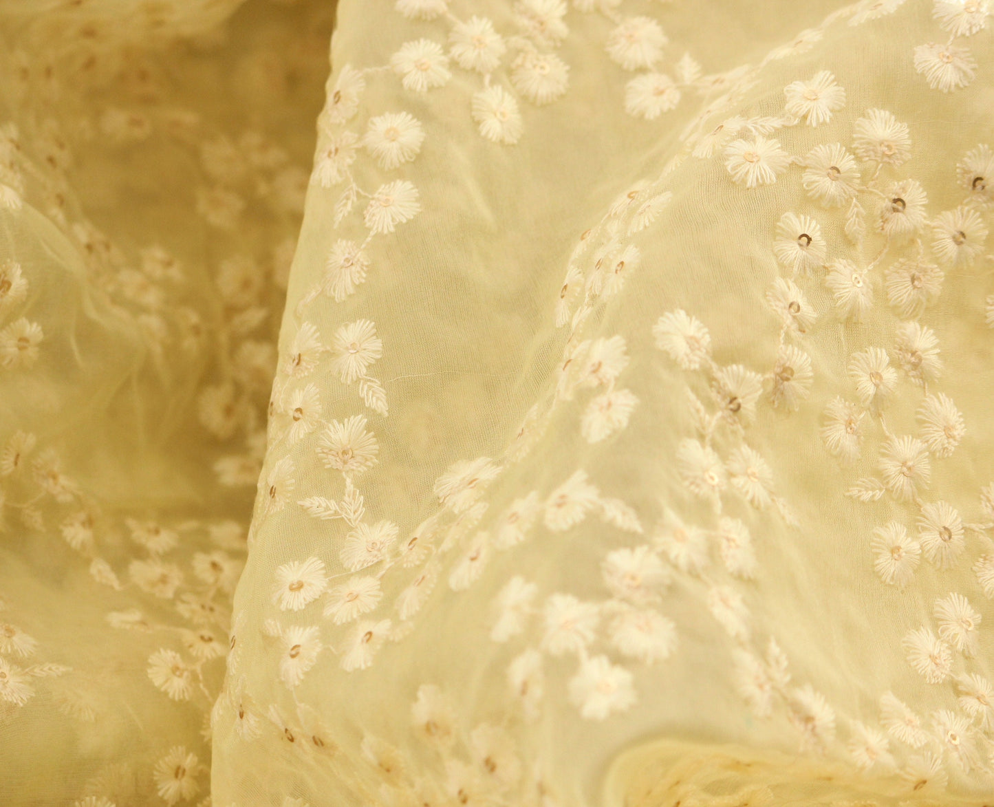 Half yard- Ivory organza embroidery fabric-Indian embellished fabric- bridal fabric-cream and sequin tiny floral embroidery fabric