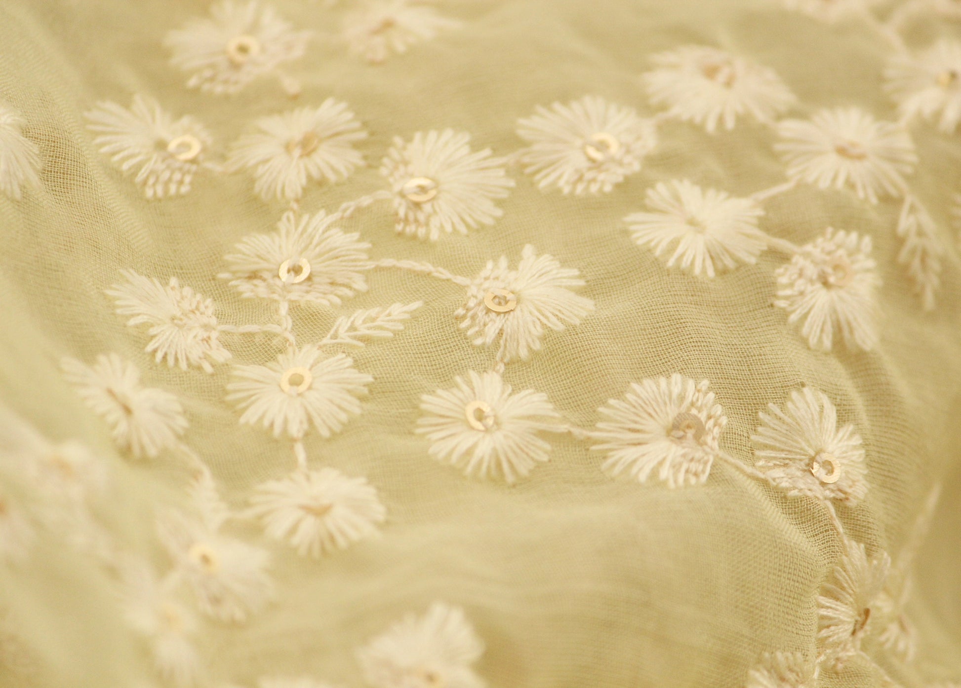 Half yard- Ivory organza embroidery fabric-Indian embellished fabric- bridal fabric-cream and sequin tiny floral embroidery fabric