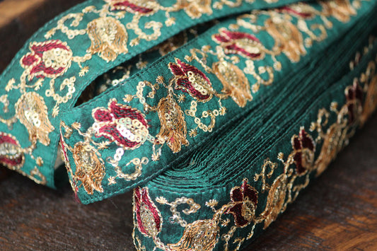Ribbon by the yard- Green embellished gold Indian embroidery ribbon- fabric ribbon-metallic wedding ribbon