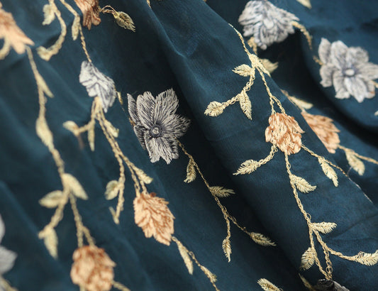 Half yard-Navy with a tint of green embroidery fabric-floral embroidery on crinkled chiffon fabric-Indian floral embroidery