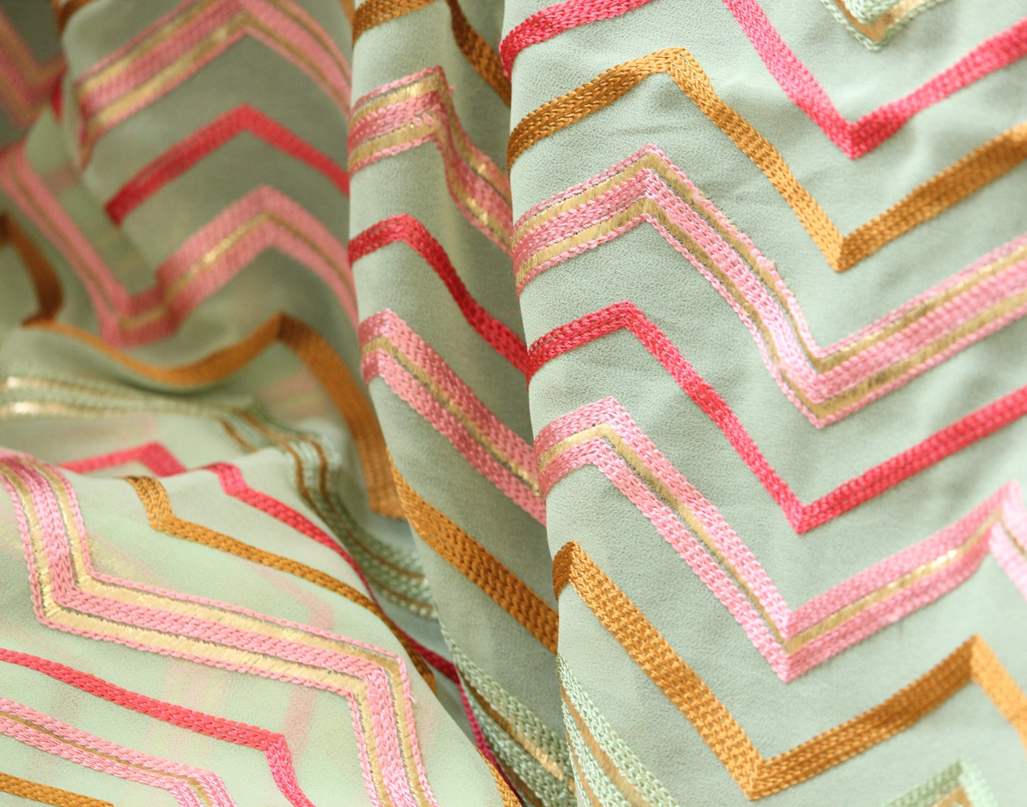Half yard-Apple green with multicolor chevron embroidery fabric-chevron embroidery chiffon fabric-Indian embroidery