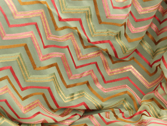 Half yard-Apple green with multicolor chevron embroidery fabric-chevron embroidery chiffon fabric-Indian embroidery