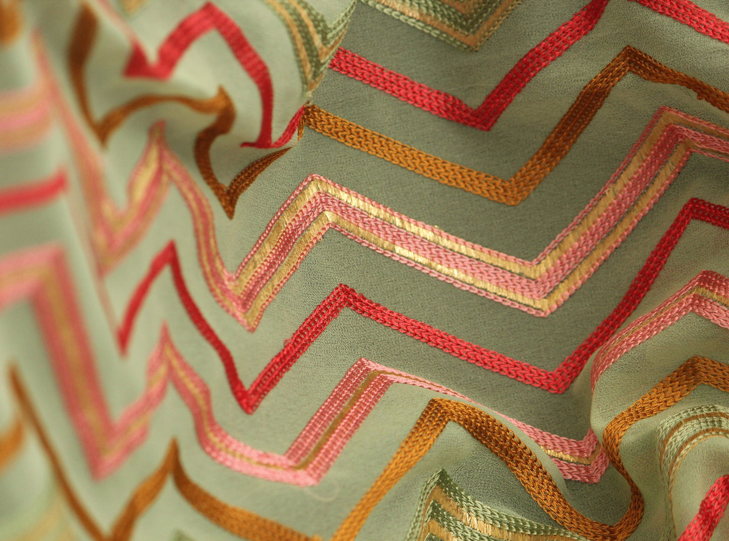 Half yard-Apple green with multicolor chevron embroidery fabric-chevron embroidery chiffon fabric-Indian embroidery