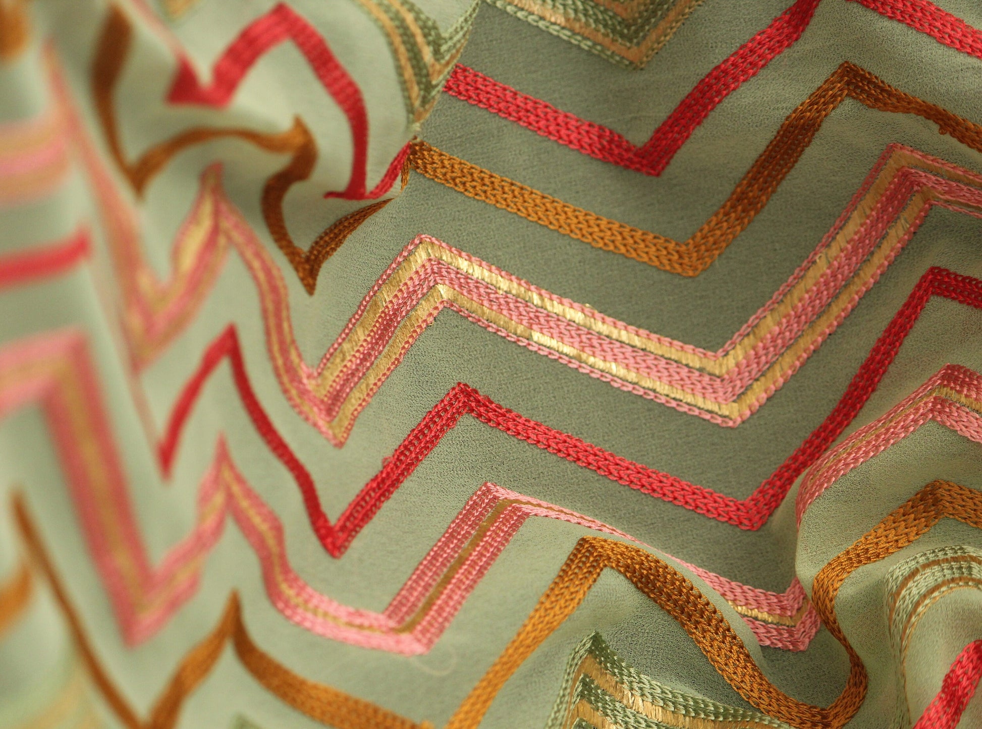 Half yard-Apple green with multicolor chevron embroidery fabric-chevron embroidery chiffon fabric-Indian embroidery