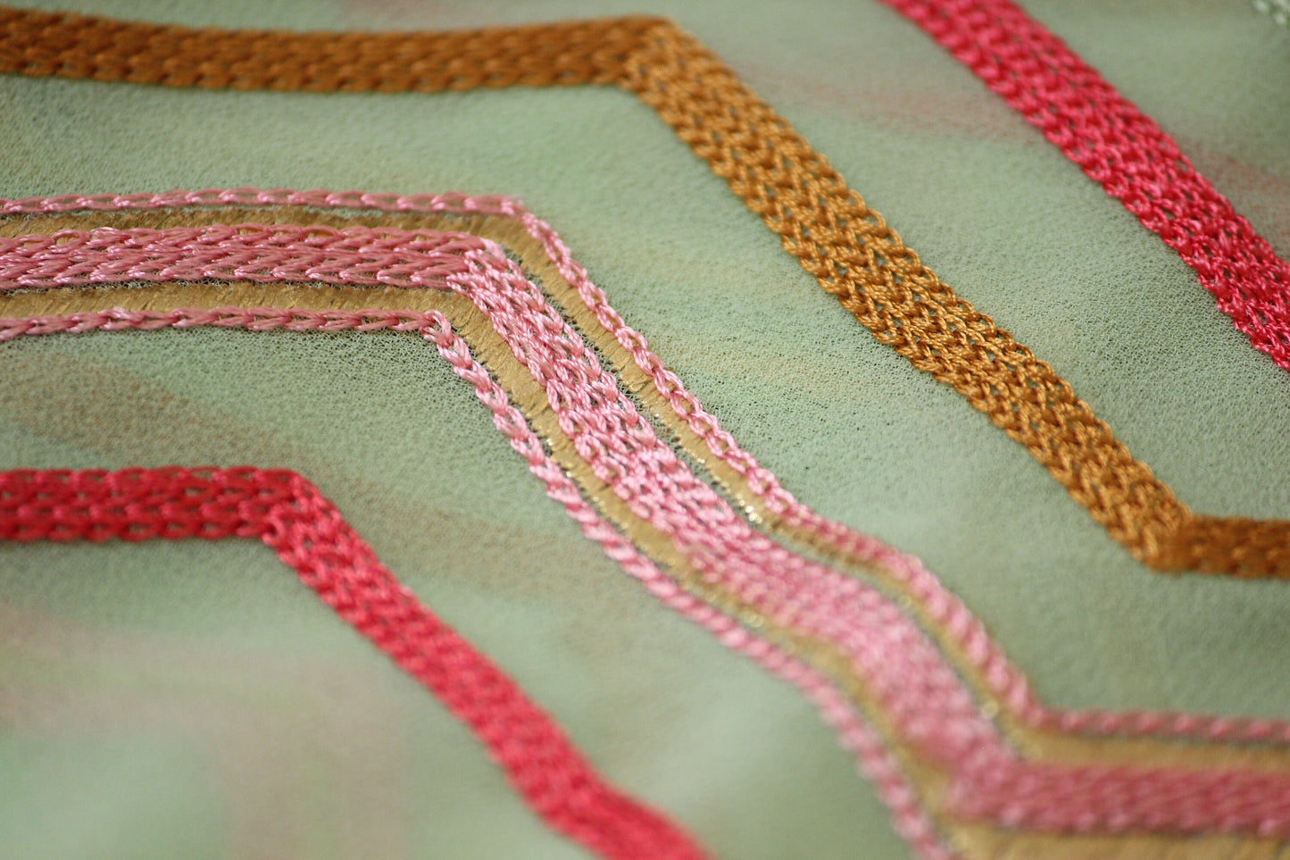 Half yard-Apple green with multicolor chevron embroidery fabric-chevron embroidery chiffon fabric-Indian embroidery