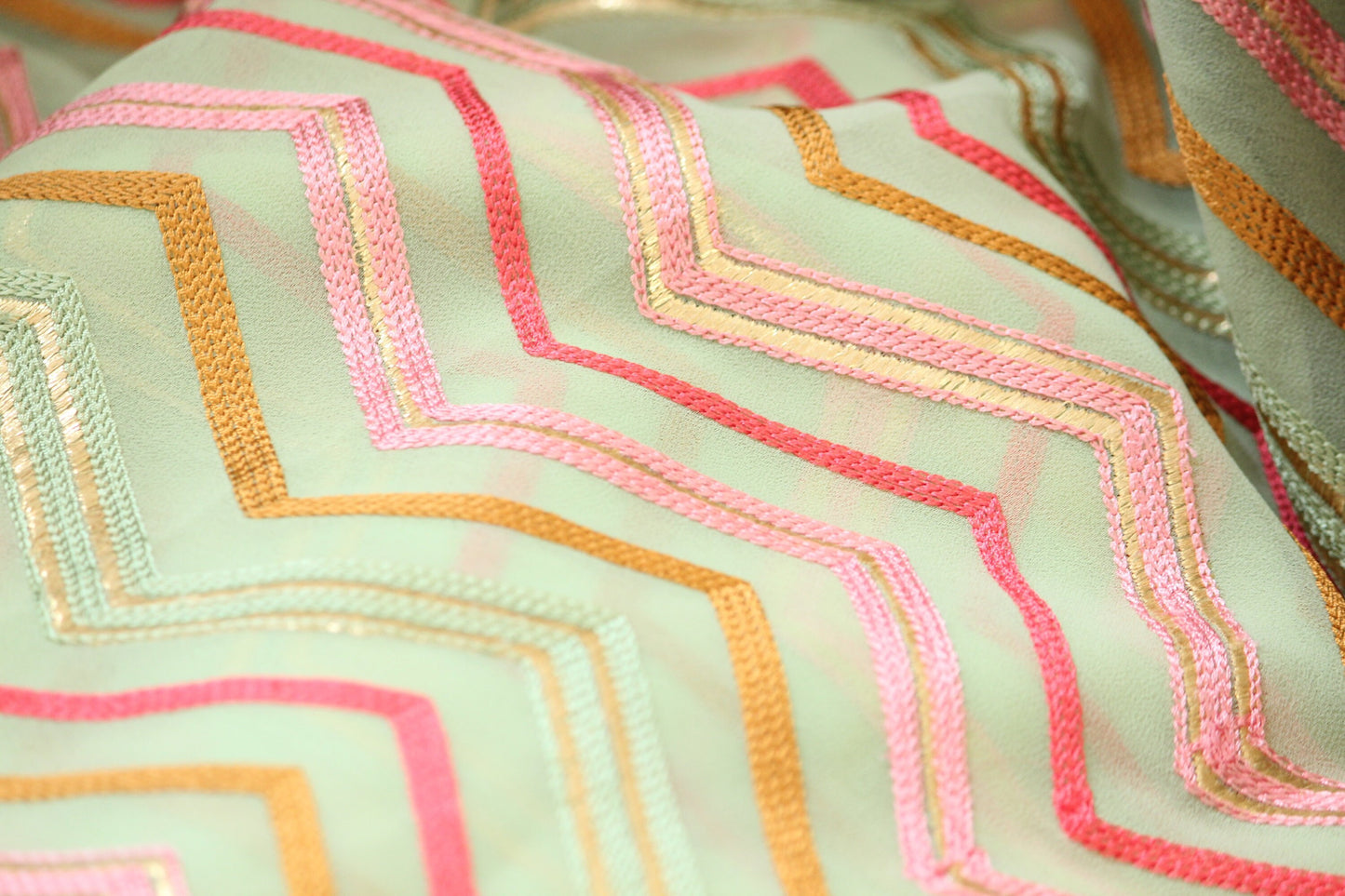 Half yard-Apple green with multicolor chevron embroidery fabric-chevron embroidery chiffon fabric-Indian embroidery