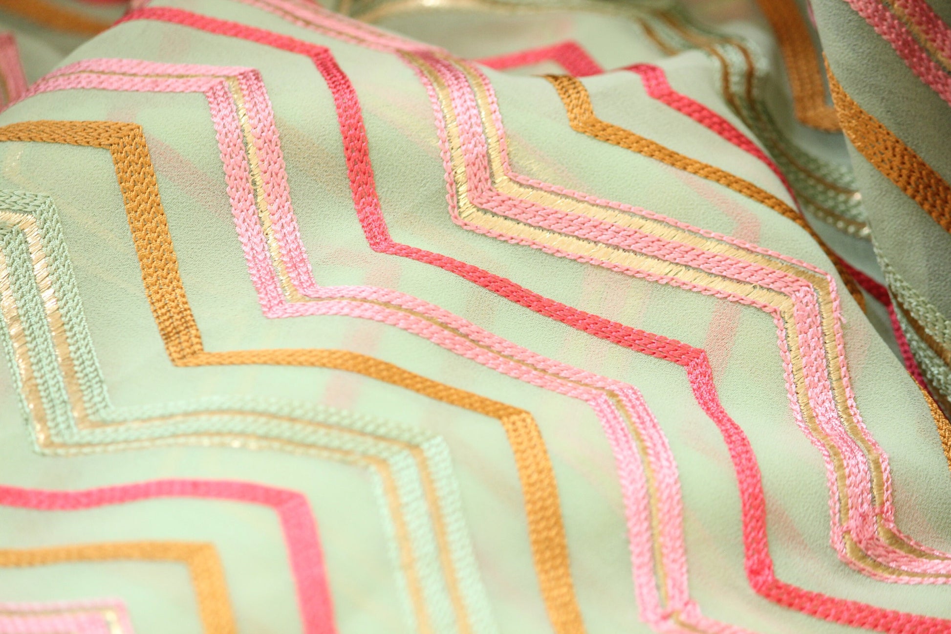 Half yard-Apple green with multicolor chevron embroidery fabric-chevron embroidery chiffon fabric-Indian embroidery