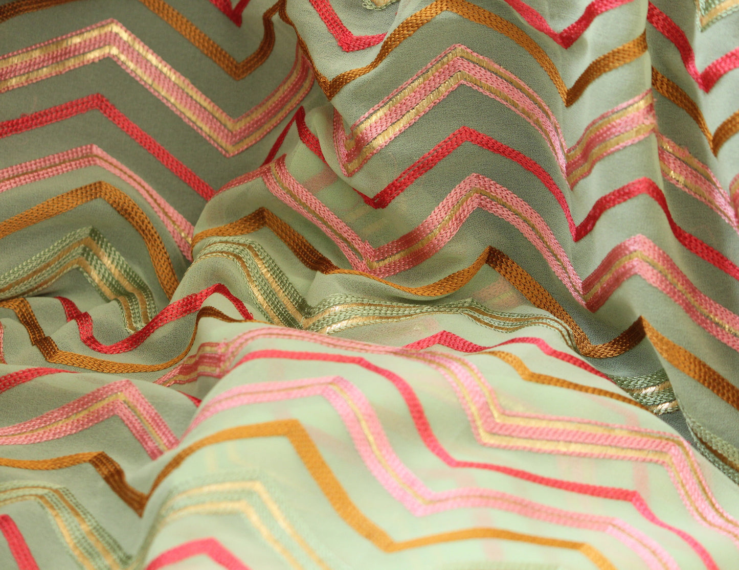 Half yard-Apple green with multicolor chevron embroidery fabric-chevron embroidery chiffon fabric-Indian embroidery