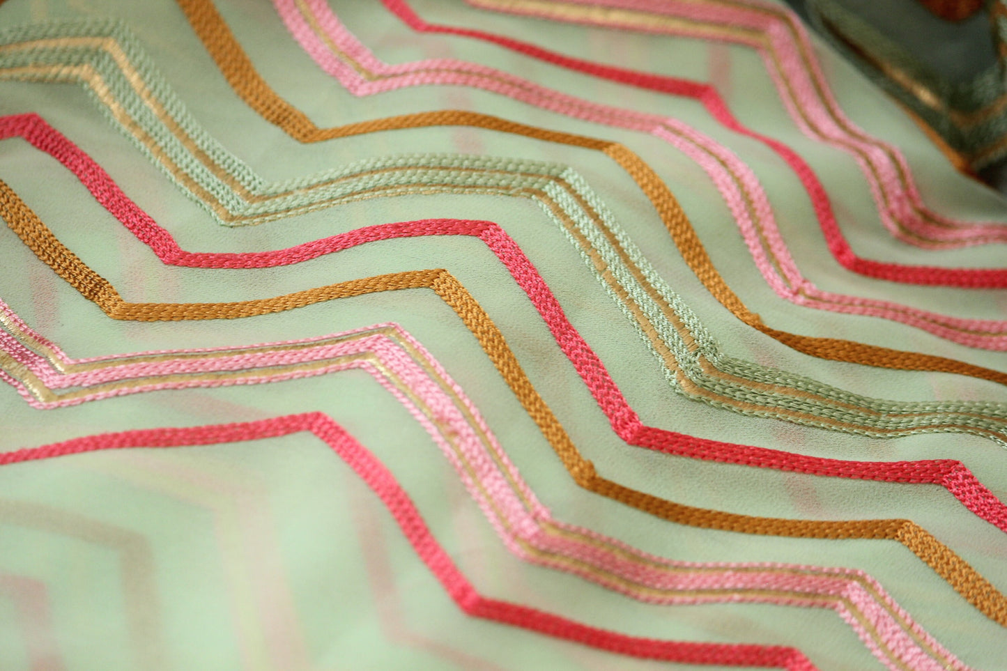 Half yard-Apple green with multicolor chevron embroidery fabric-chevron embroidery chiffon fabric-Indian embroidery