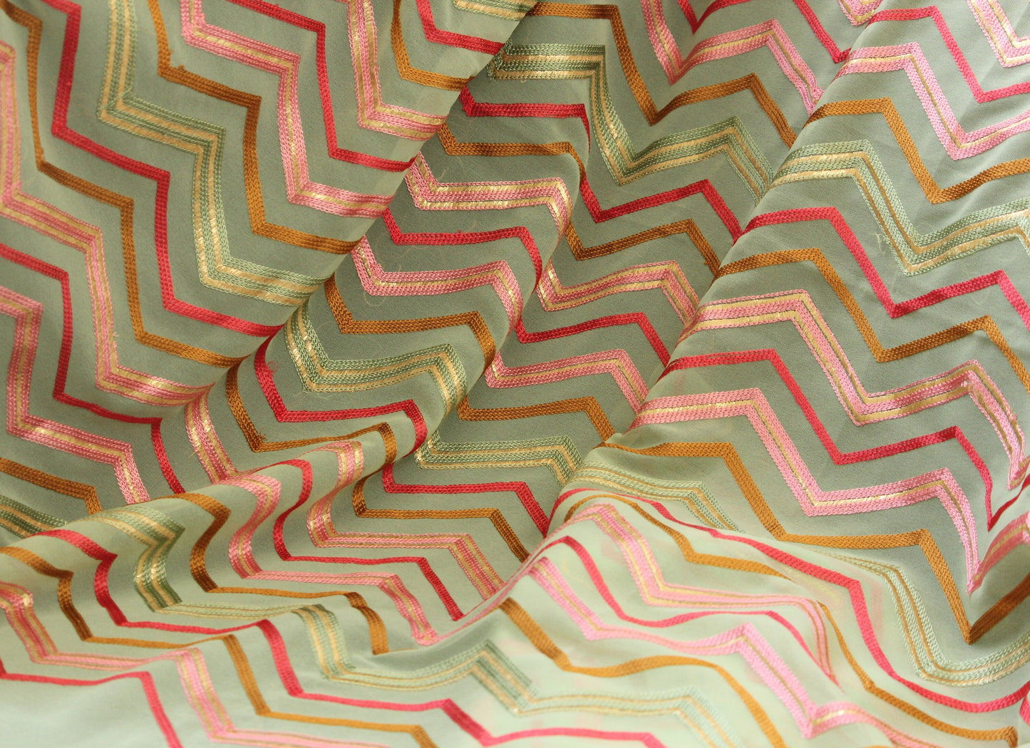 Half yard-Apple green with multicolor chevron embroidery fabric-chevron embroidery chiffon fabric-Indian embroidery